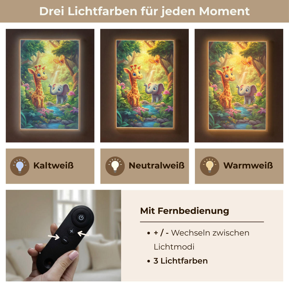 WANDLEUCHTE MIT AKKU Giraffe - Elefant - Blumen - Dschungel 60x90 cm - Grün, Holzwerkstoff (60/90/8cm) - OnlyWow