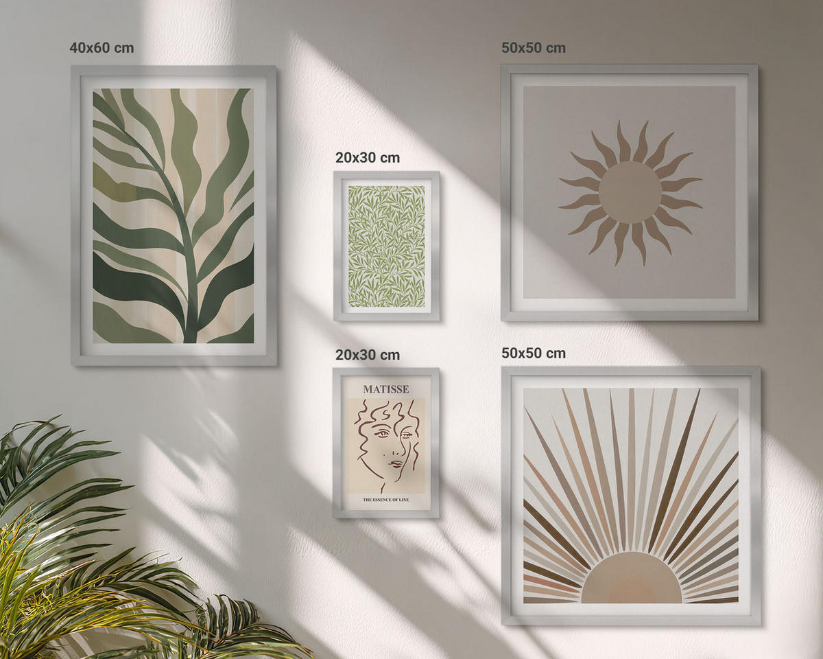 WANDBILDER 5er Set - 50x50 cm & 20x30 cm & 40x60 cm Silberner Rahmen - Abstrakte Pflanzenmuster - Silberfarben, Kunststoff (40/60cm) - ArtPrintCave