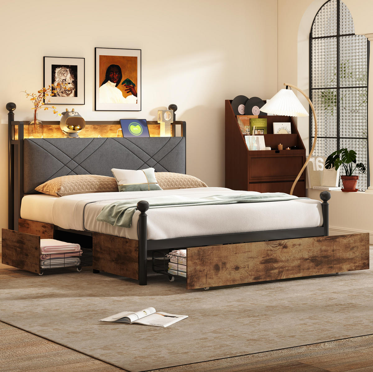 METALLBETT 140/190 cm mit LED-Beleuchtung, Stauraum und USB- und Type-C-Anschlüssen - Schwarz, Metall (140/190cm) - Flora Grace