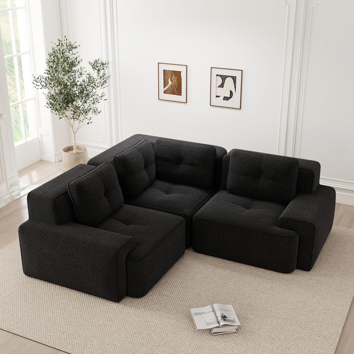 3-SITZER Sofa 177x104x69 cm aus Cordstoff rahmenlos modular, schwarz - Schwarz, Textil (104/69/177cm)