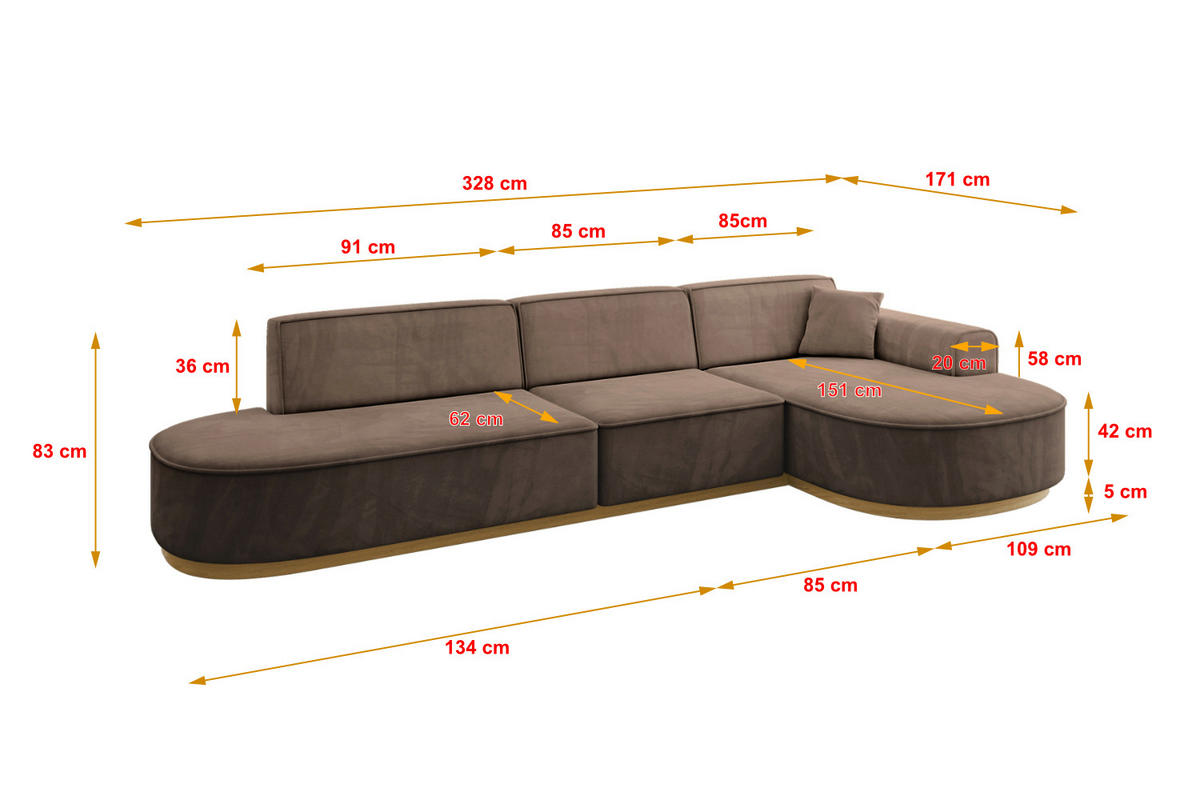 ECKSOFA Ottomane Rechts MARI-L2-v2 - 328x171x83 cm Braun Velours - Braun, Holzwerkstoff/Textil (171/328cm) - ALTDECOR
