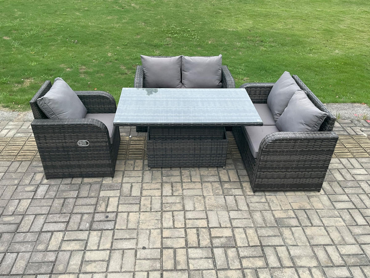GARTENSOFA SET Polyrattan Dunkelgrau 5-Sitzer - Dunkelgrau, Metall - Fimous