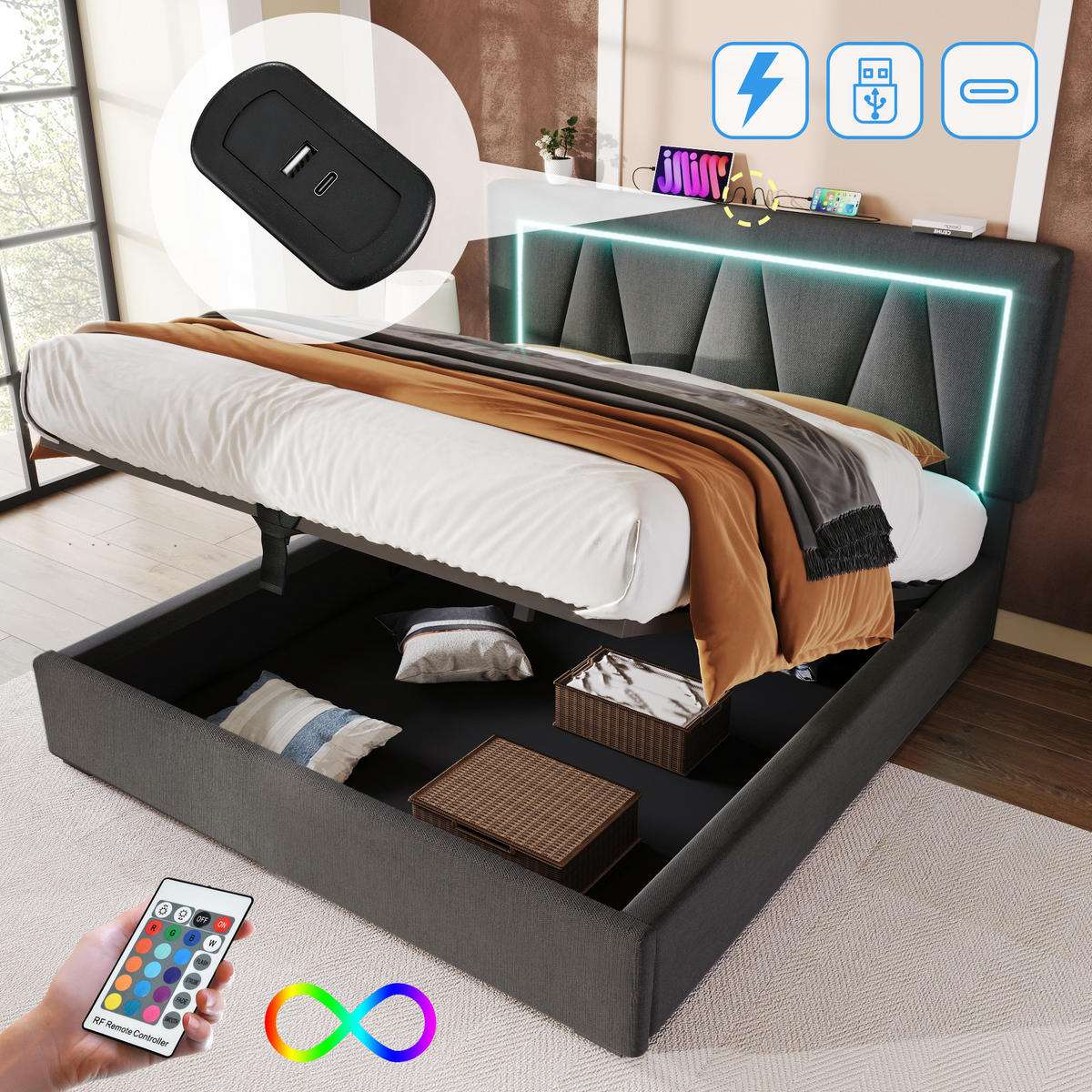 POLSTERBETT 140/200 cm mit LED-Beleuchtung, USB- und Type-C-Anschluss, Bettkasten und Matratze, Grau - Grau, Textil (140/200cm) - Redom