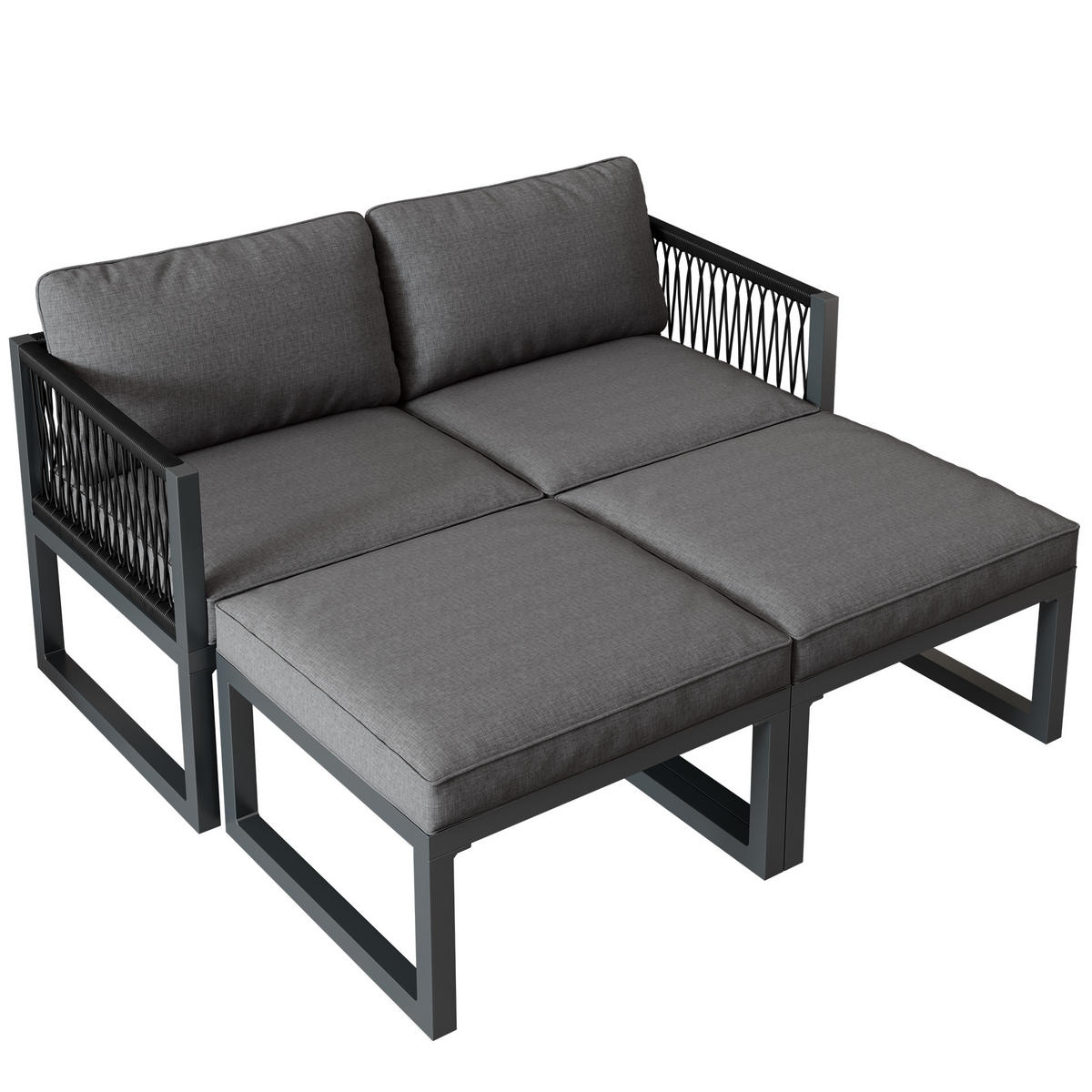 MIT 2 Sofas, 2 Fußhocker Gartenmöbel Set Garten-Sofagarnitur - Grau, Textil/Metall - STILVORA
