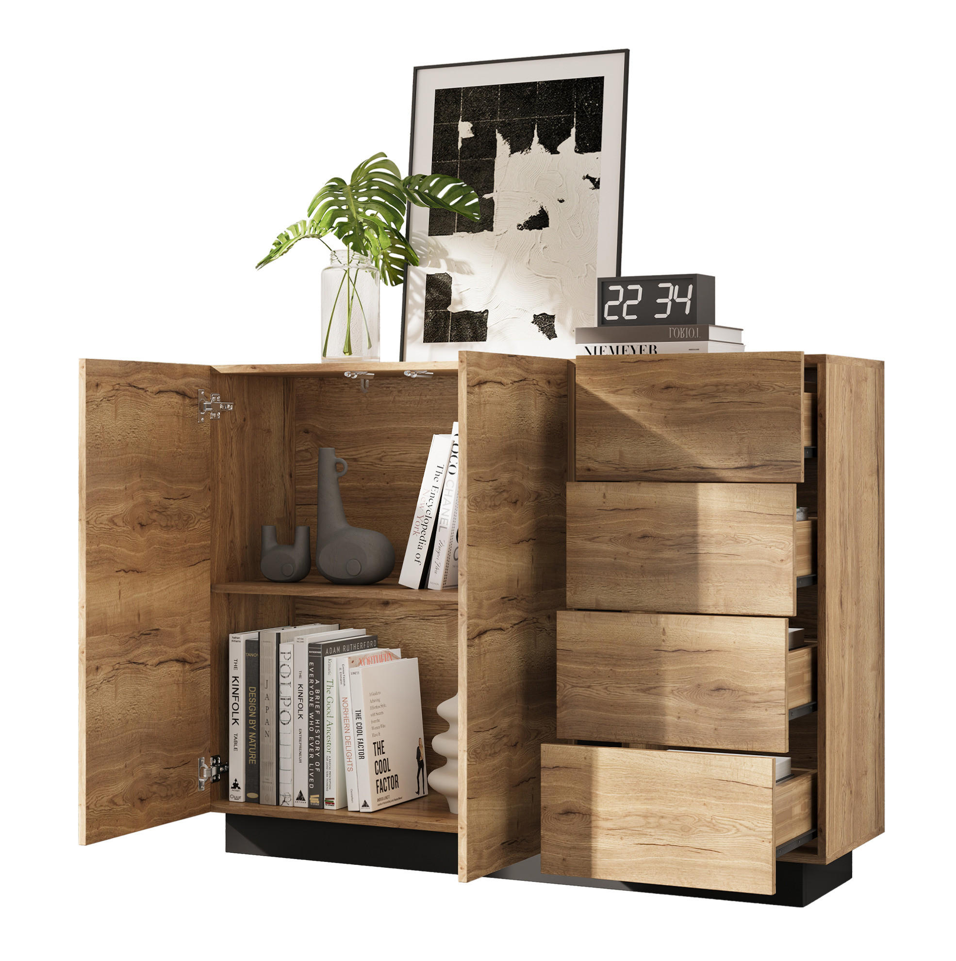 SIDEBOARD 120/35,5/90,5 cm aus Spanplatte mit 4 Schubladen und 2 Türen Schwarz/Natur - Naturfarben, Holzwerkstoff (120/90.5/35.5cm) - Modenvie