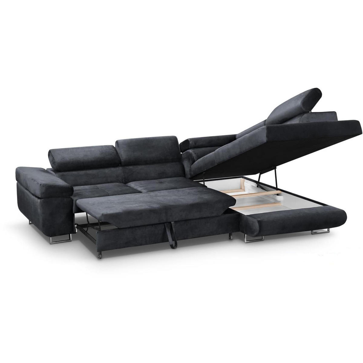 ECKSCHLAFSOFA Vild verstellbaren Kopfstützen, Schwarz, rechts - Chromfarben/Schwarz, Textil (275/203cm) - Beautysofa
