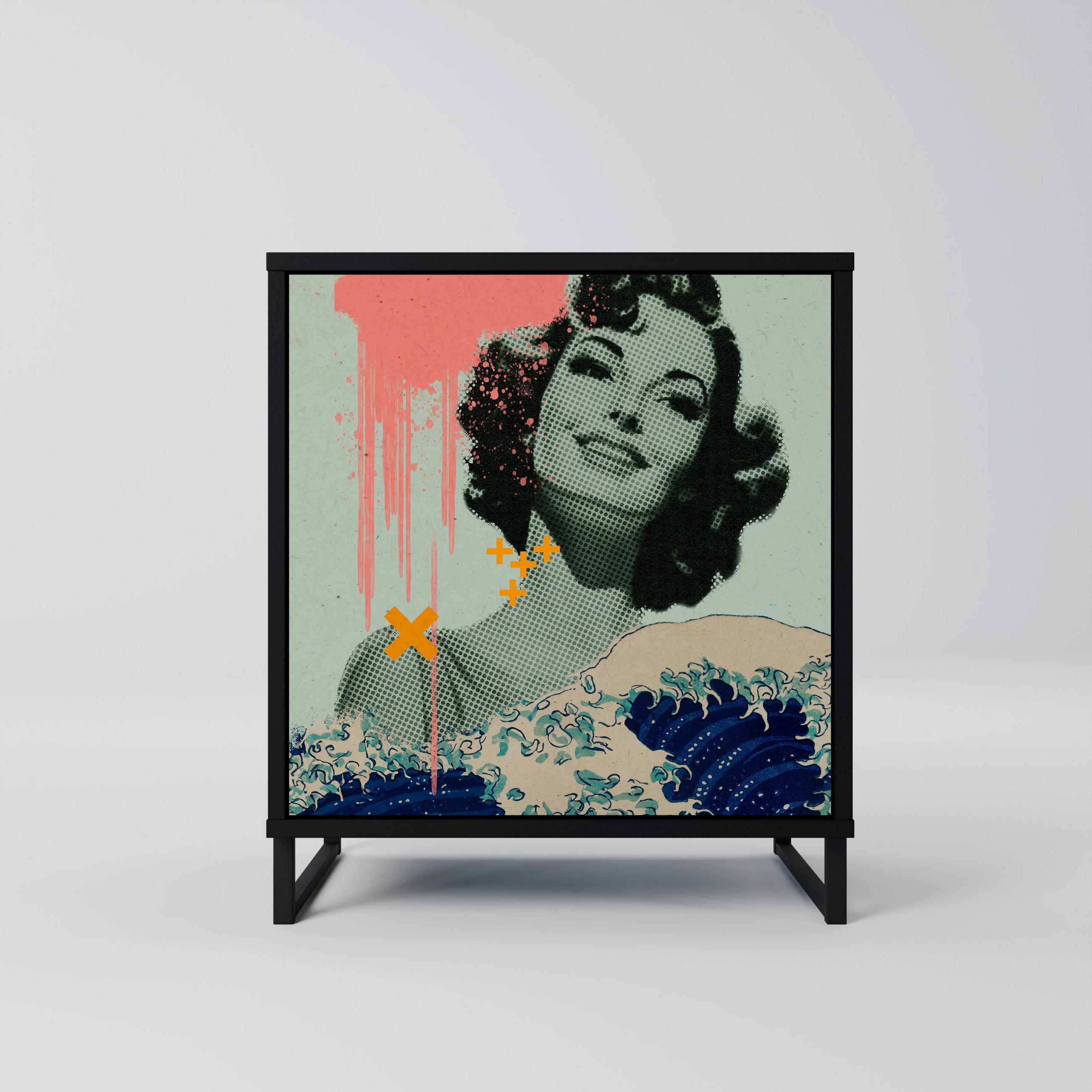 SIDEBOARD KANAGAWA BEAUTY, Schwarz, 57,5x42x67,5 cm, Schwarze Metall-Rahmenfüße - Multicolor/Schwarz, Holzwerkstoff/Metall (57.5/67.5/42cm) - SpaceRebels
