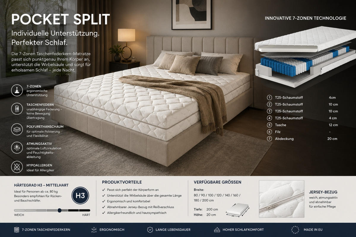 TASCHENFEDERKERNMATRATZE Pocket 90x200cm, SPLIT - Weiß, Textil (90/200cm) - Kaiser Möbel