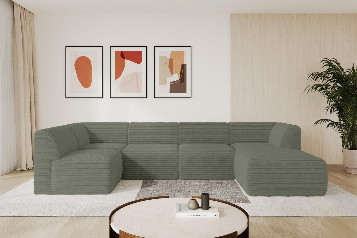 WOHNLANDSCHAFT Ottomane Rechts MOVO-L 345x180x78 cm Olivgrün Cord - Olivgrün, Holzwerkstoff/Kunststoff (180/78/345cm) - ALTDECOR
