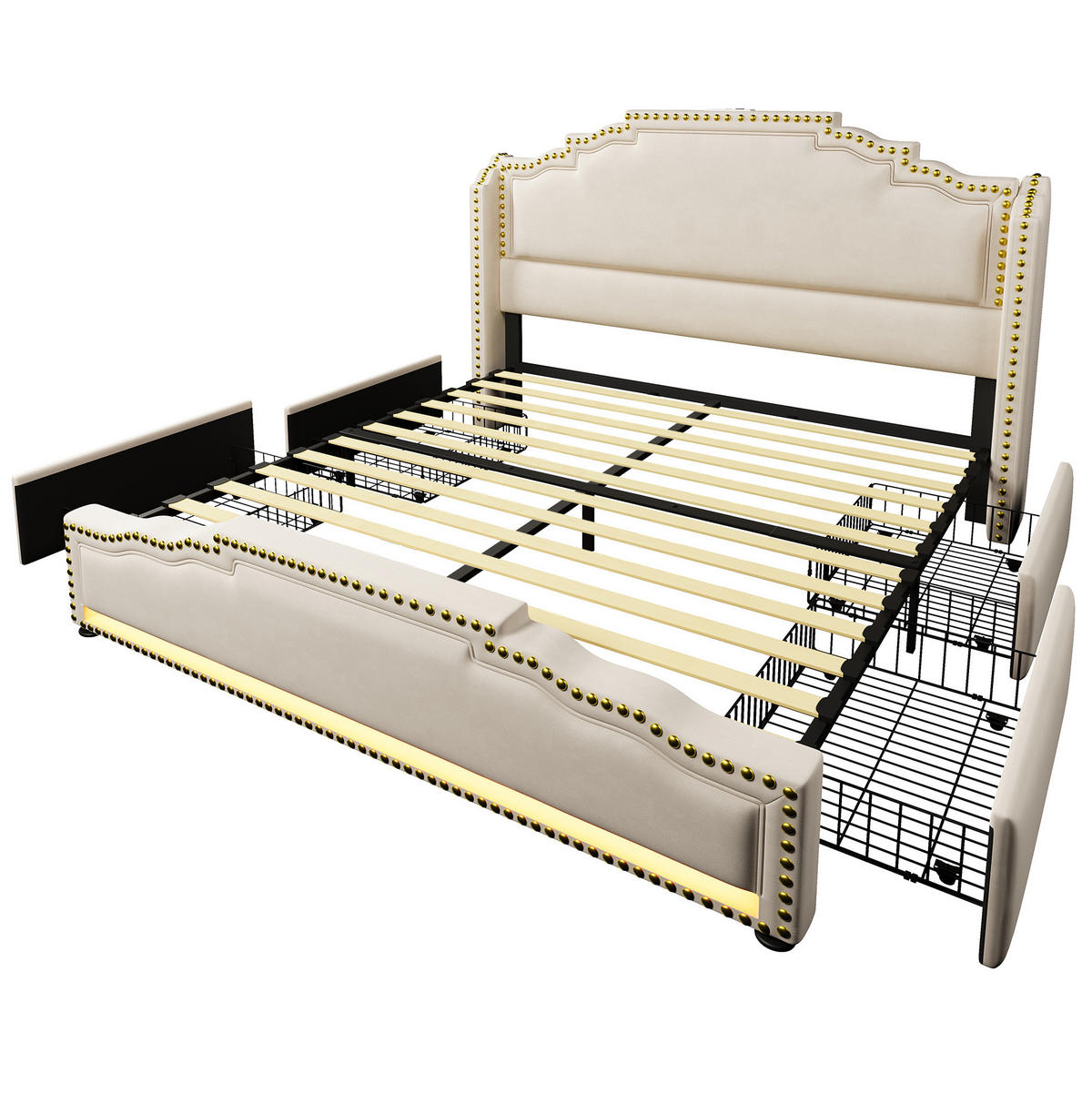 BETT mit 4 Schubladen LED USB-C 140x200 cm Samt Beige mit Matratze - Beige, Metall (140/200cm) - Meubliv
