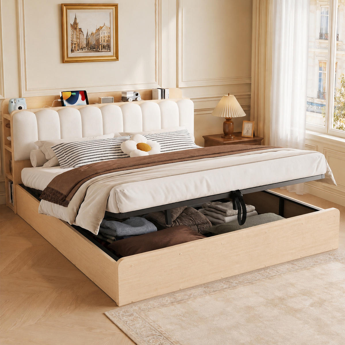 BETT 180/200 cm in Naturfarben & Beige mit Bettkasten, USB, Nachtlicht und Ablage Samt - Weiß/Naturfarben, Holzwerkstoff/Textil (180/200cm) - STILVORA