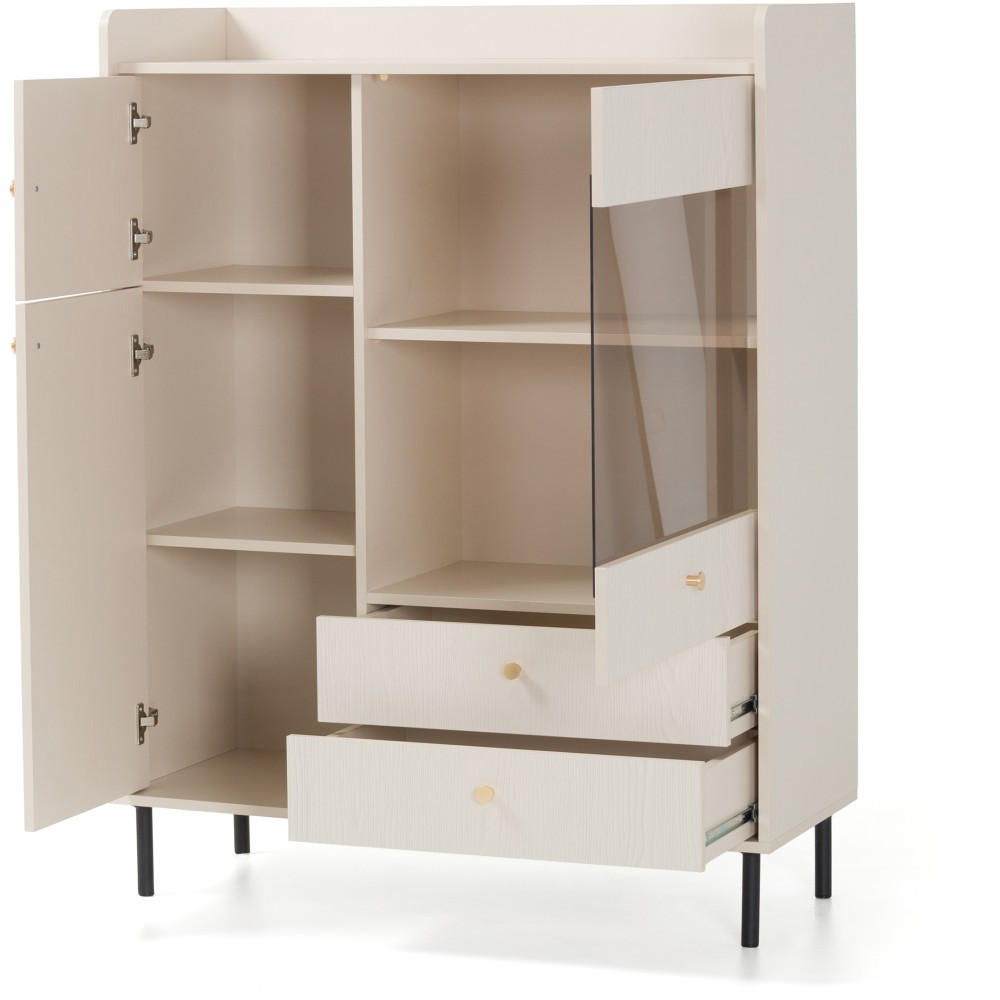 VITRINE Gloria mit 2 Schubalden und 3 Türen - Beige/Schwarz, Holzwerkstoff/Metall (103/133/42cm) - Beautysofa