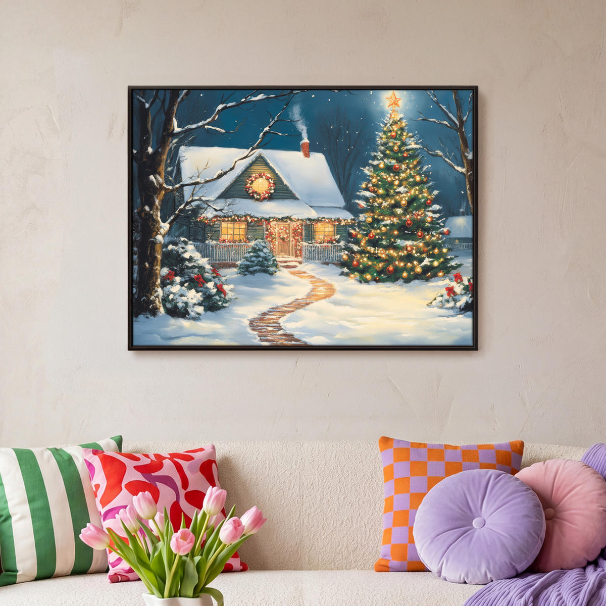 LEINWAND Bilder mit Rahmen - Weihnachten - Weihnachtsbaum - Winter - Zuhause - Schnee - 70x50 - Smaragdgrün, Textil (70/50cm) - MuchoWow