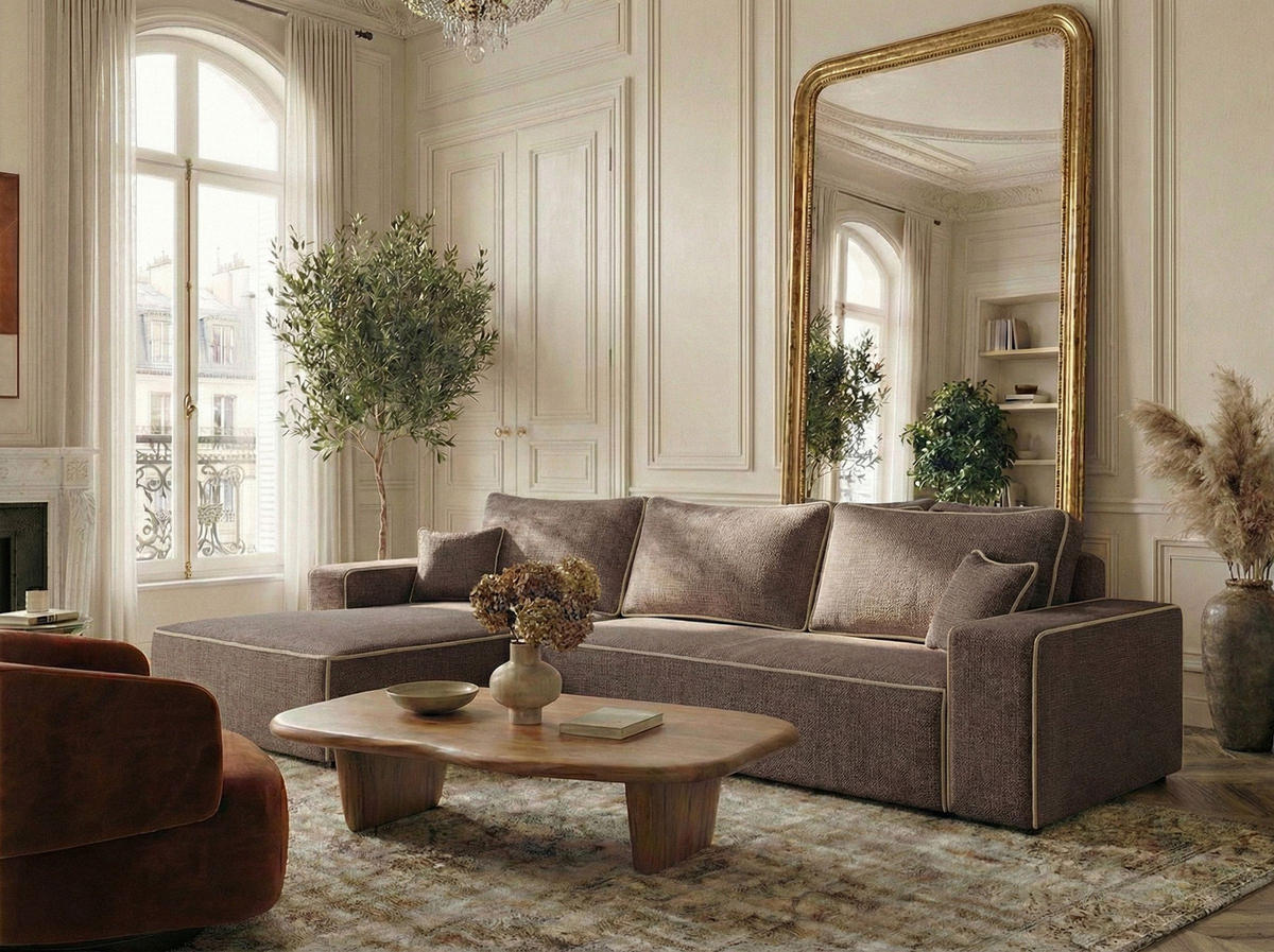 ECKSOFA MIT SCHLAFFUNKTION Modo Beige grau Chenille-Stoff - Links Seite - Beige/Schwarz, Holz/Holzwerkstoff (185/294cm) - Maison de Reve
