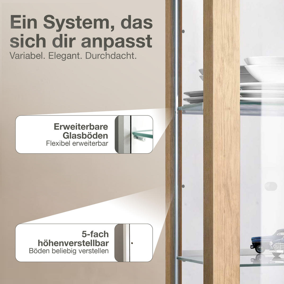 HÄNGEVITRINE 25/60/80 cm mit Spiegel, LED & 2 höhenverstellbaren Glasböden - Transparent/Silberfarben, Glas/Holzwerkstoff (60/80/25cm) - K-Möbel