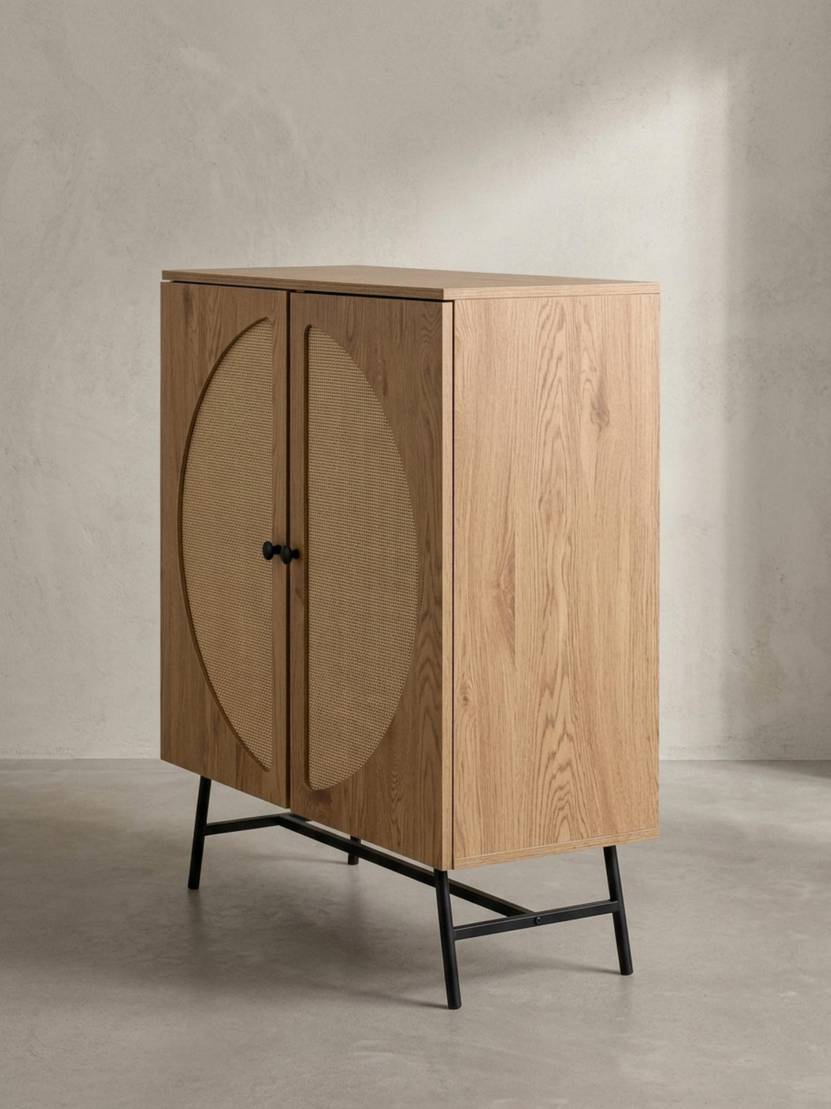 SIDEBOARD – Eiche-Dekor/Rattan, 80x103x39 cm, 2 Türen, hoch - Schwarz/Braun, Holzwerkstoff/Metall (80/103/39cm) - KADIMA DESIGN
