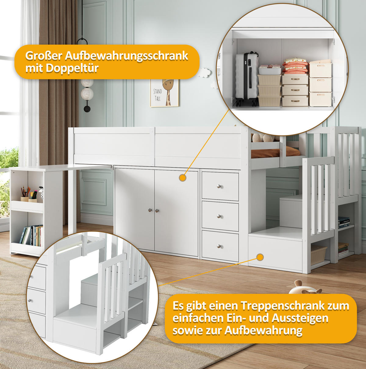 KINDERHOCHBETT 90/200 cm aus MDF mit ausziehbarem Schreibtisch und viel Stauraum Weiß - Weiß, Holzwerkstoff (90/200cm) - Modenvie