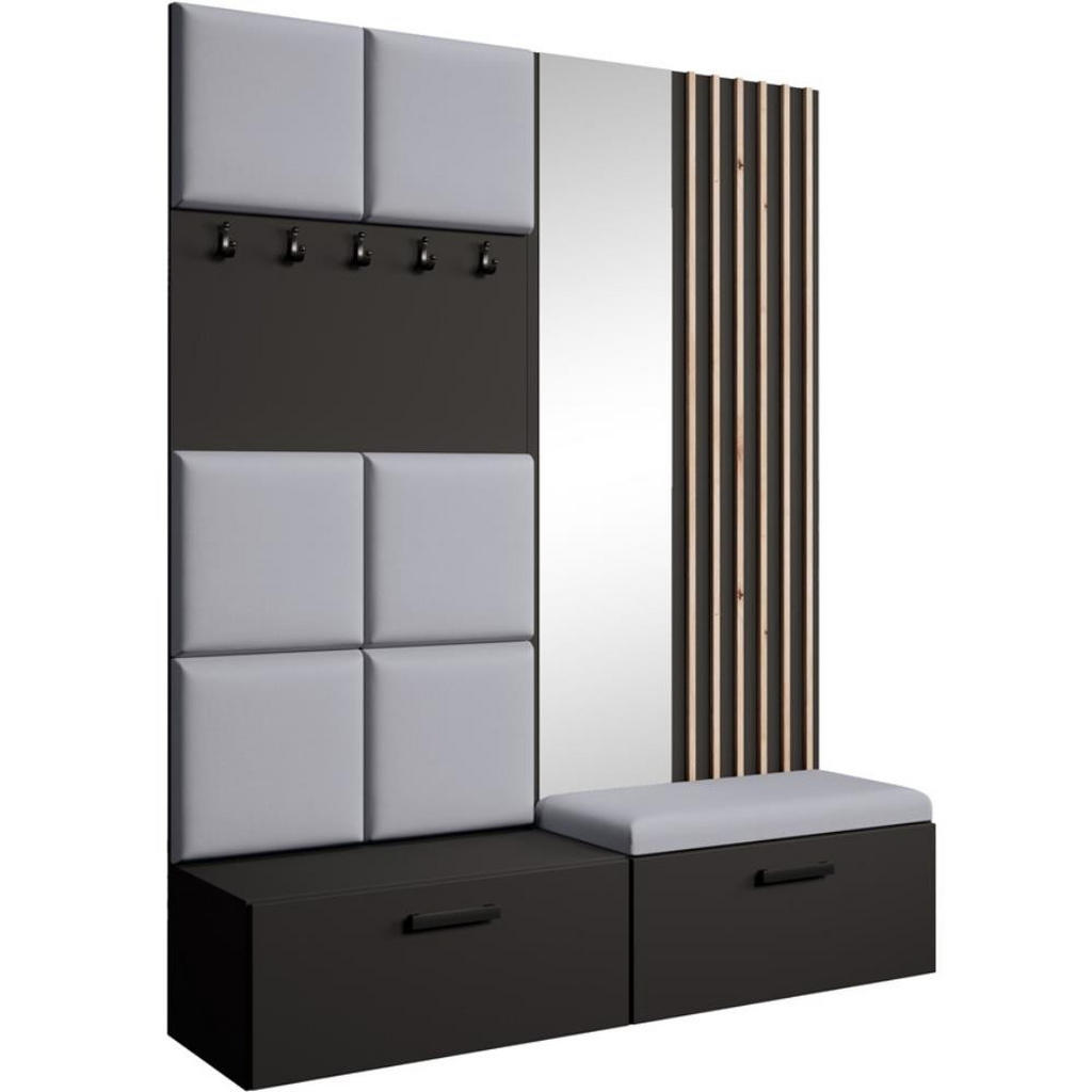 Beautysofa PŘEDSÍŇOVÁ sestava Margaret I+II 162/203/43 s čalouněnými panely / lamelami / zrcadlem, černá|dub artisan