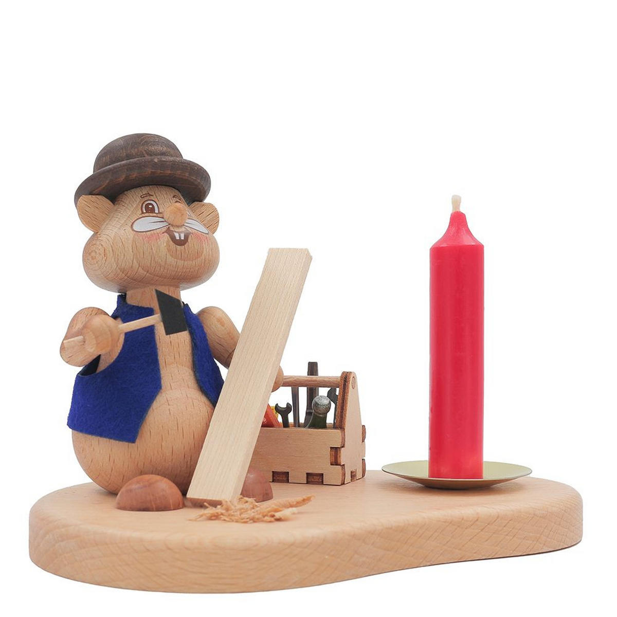 HOLZFIGUR Hamster Handwerker mit Kerzenhalter 11 cm - Multicolor, Metall (14/1/0.1cm)