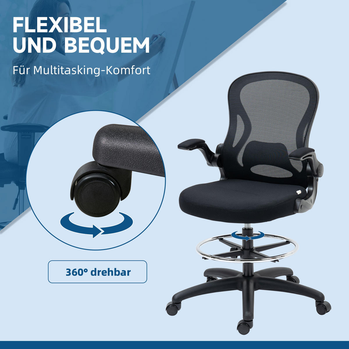ZEICHENSTUHL, Ergonomischer Bürostuhl, Drehstuhl, Arbeitsstuhl, Höhenverstellbar - Schwarz, Textil (65/122/59cm) - Vinsetto