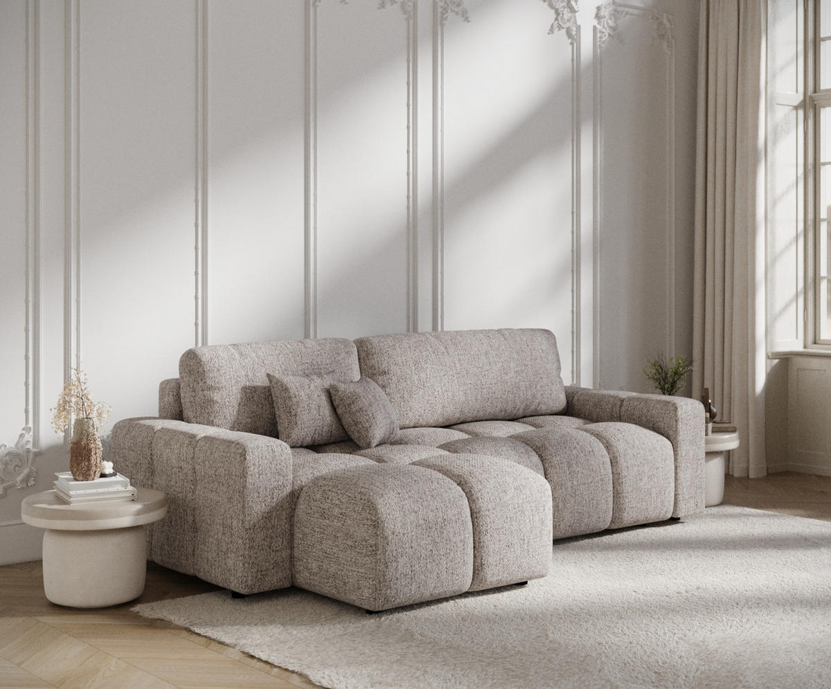 ECKSOFA MIT SCHLAFFUNKTION Ucci Hellbraun Webstoff - Hellbraun/Schwarz, Holz/Holzwerkstoff (233/142cm) - Maison de Reve