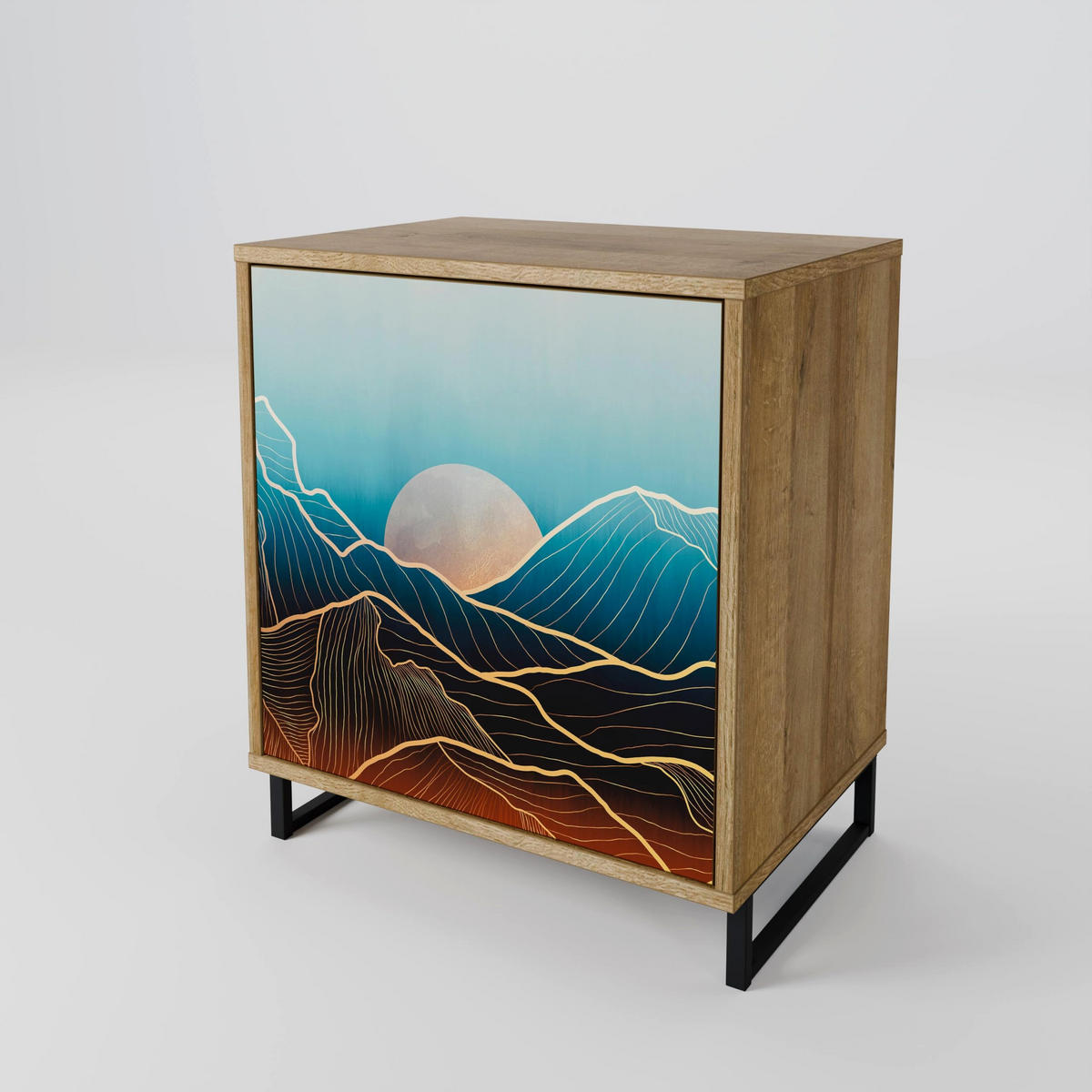 SIDEBOARD LUNAR SECRETS, Eichefarben, 57,5x42x72,5 cm, Schwarze Metallfüße - Eichefarben/Multicolor, Holzwerkstoff/Metall (57.5/72.5/42cm) - SpaceRebels