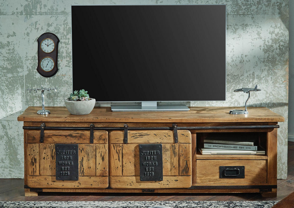 TV-BOARD Mango 160x45x50 natur lackiert RAILWAY #101 - Naturfarben, Holz (160/50/45cm) - Massivmoebel24