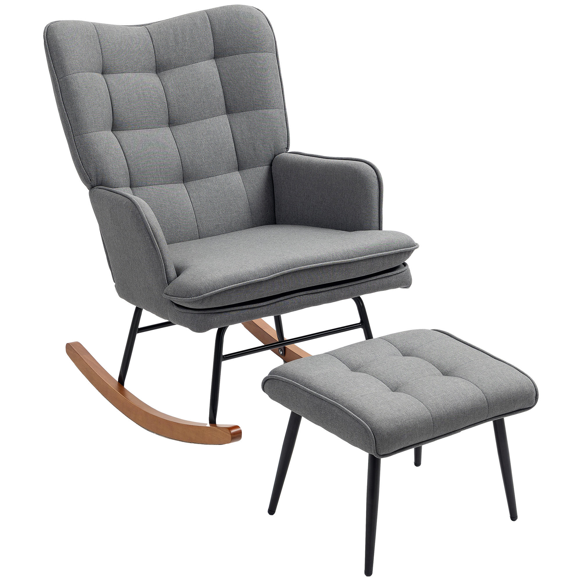 SCHAUKELSTUHL Schwingsessel mit Hocker Armlehnsessel Relaxsessel mit Leinenoptik - Dunkelgrau/Schwarz, Holz/Textil (89/90/64cm) - HOMCOM