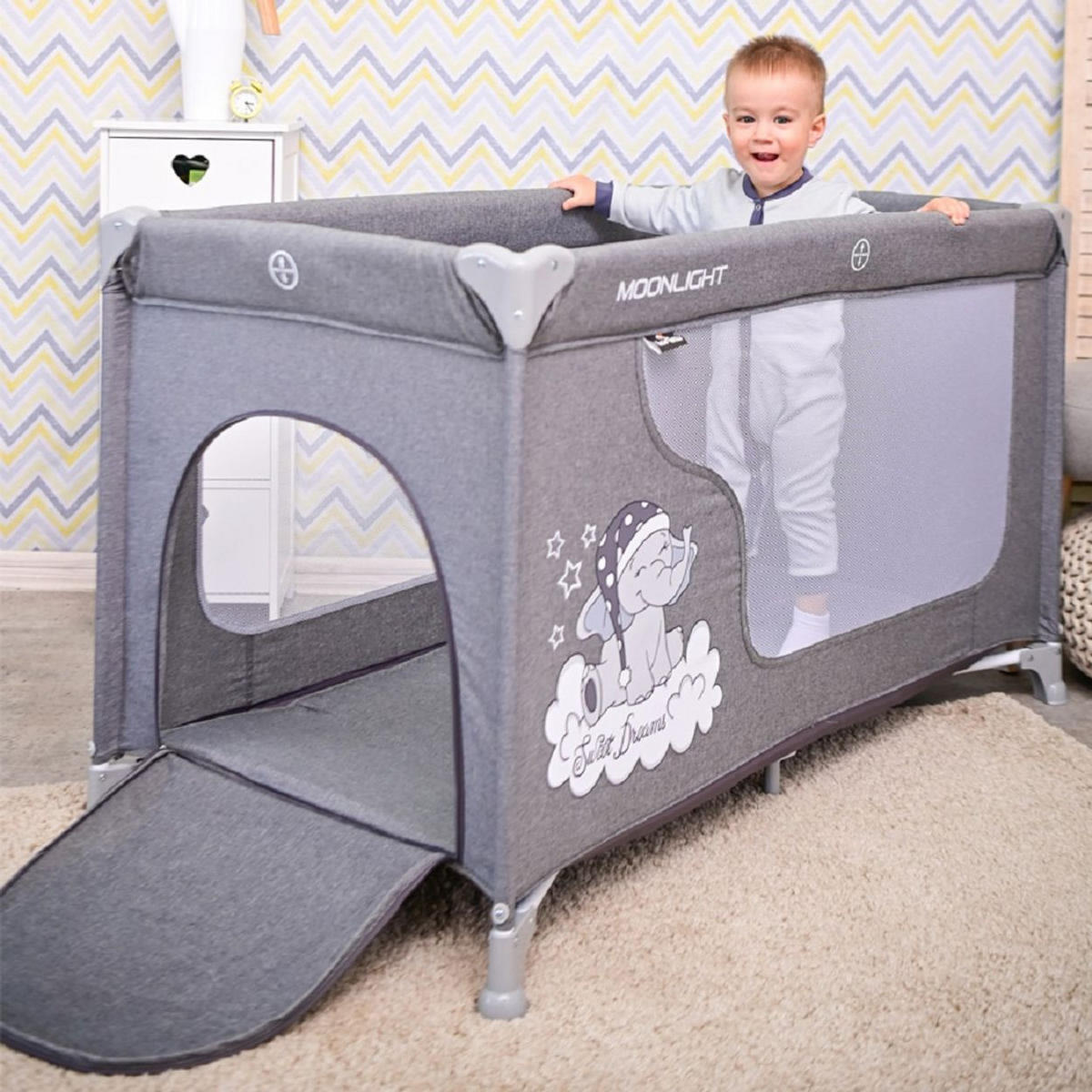 BABY REISEBETT Laufstall Moonlight braun seitliche Öffnung Tragetasche faltbar - Braun, Kunststoff (60/120cm) - Lorelli