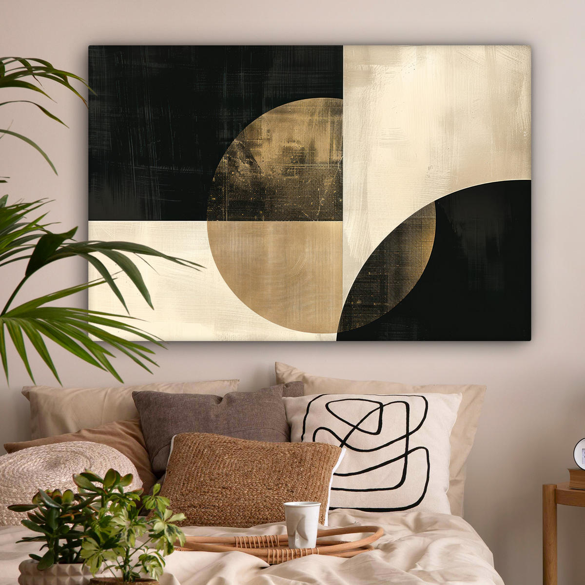 LEINWANDBILD Abstrakt - Geometrische Formen - Schwarz - Gold XXL 150x100 cm - Ecru, Textil (150/100cm) - MuchoWow