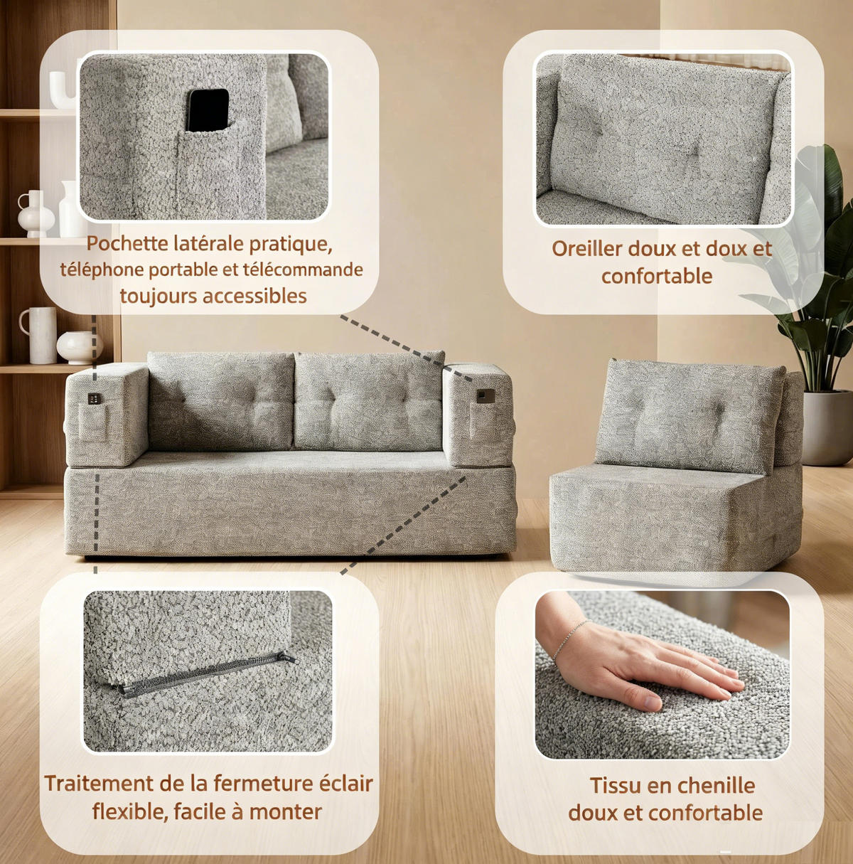 SCHLAFSOFA 199/194/39 aus Stoff mit Sessel und Liegefunktion Hellgrau - Hellgrau, Textil (194/39/199cm) - Modenvie