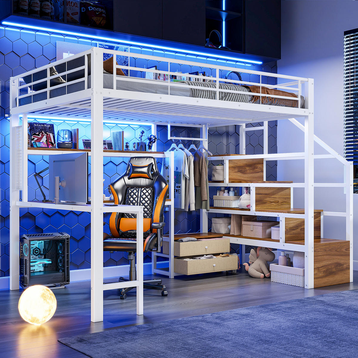 HOCHBETT 140/200 cm mit Eisenrahmen Weiß, Schreibtisch, Stauraumtreppe und LED-Licht - Weiß, Metall