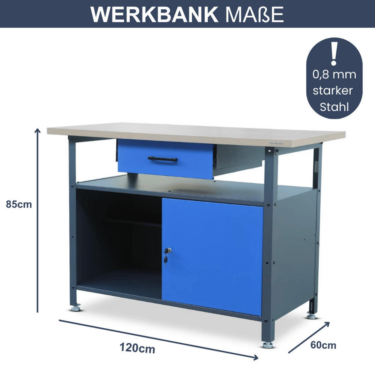 WERKBANK Werkstatt ERWA 85x120x60cm Anthrazit-Blau - Anthrazit, Metall (120/85/60cm) - DELUKE