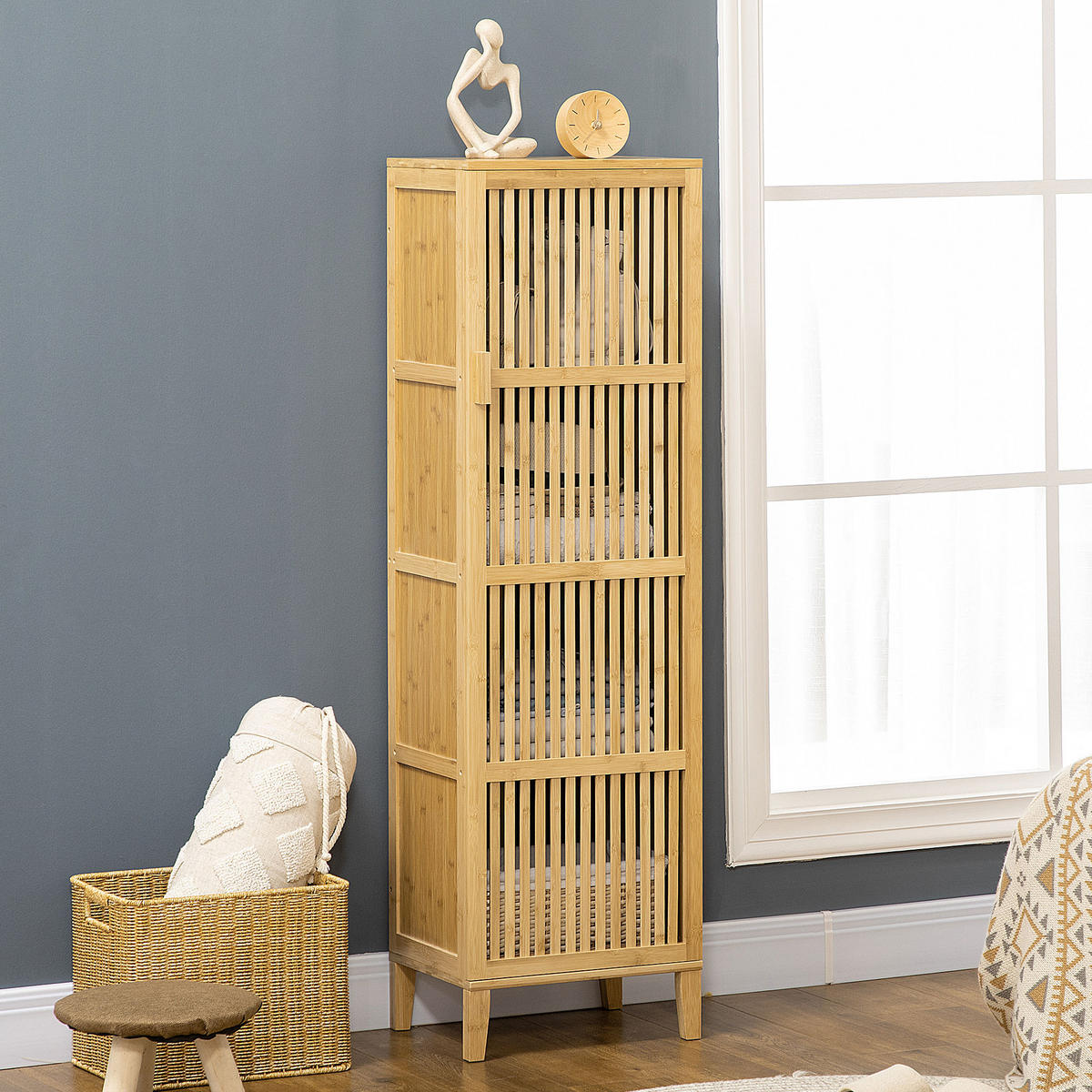 BADREGAL DE-12368 mit lamellentür 40/30/140 cm Naturholz - Naturfarben, Naturmaterialien (30/140/40cm) - ComfortXL