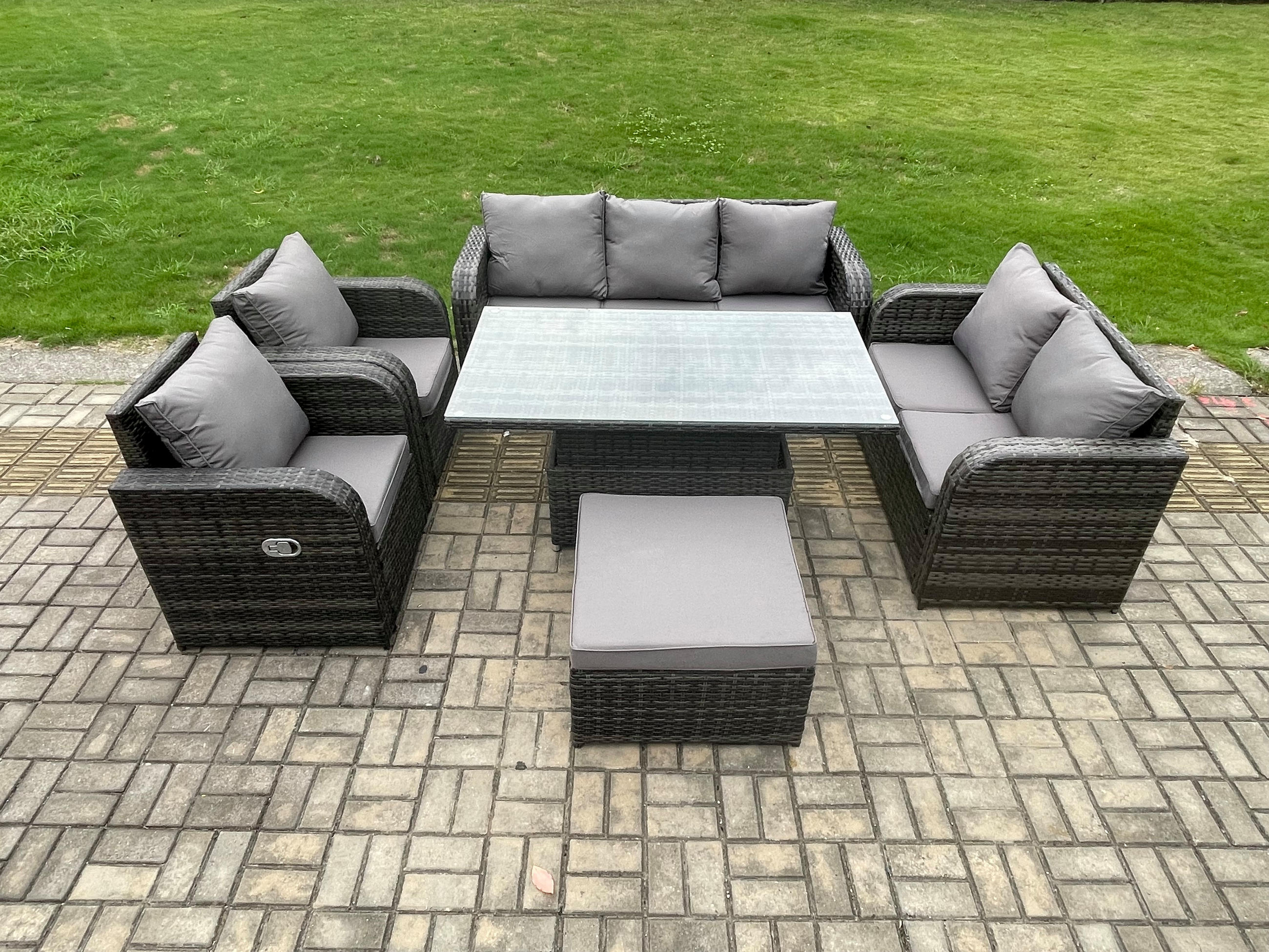 GARTENSOFA SETT Polyrattan 8-Sitzer - Dunkelgrau/Grau, Glas/Kunststoff - Fimous