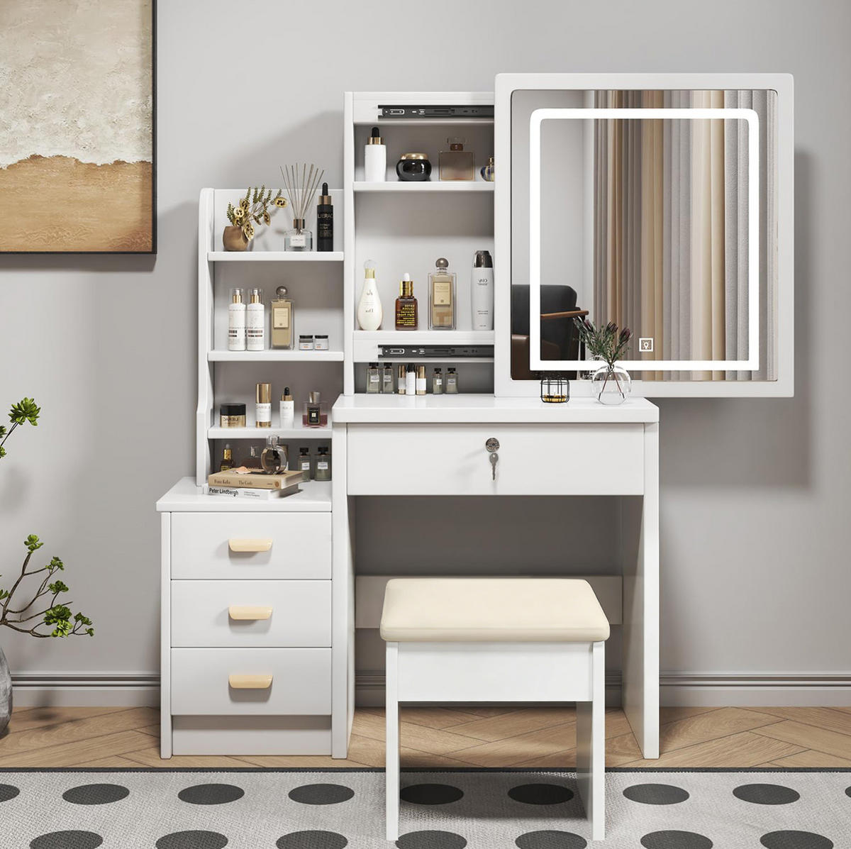 SCHMINKTISCH 85/36/130 cm weiß aus MDF mit LED-Spiegel und Hocker - Weiß, Holzwerkstoff (36/130/85cm) - OKWISH