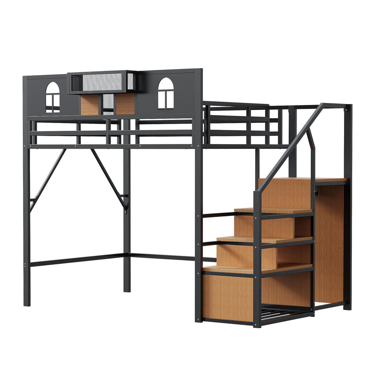 HOCHBETT 140/200 cm in Schwarz mit Stauraumleiter und Ablage - Schwarz, Holz/Metall (140/200cm) - STILVORA