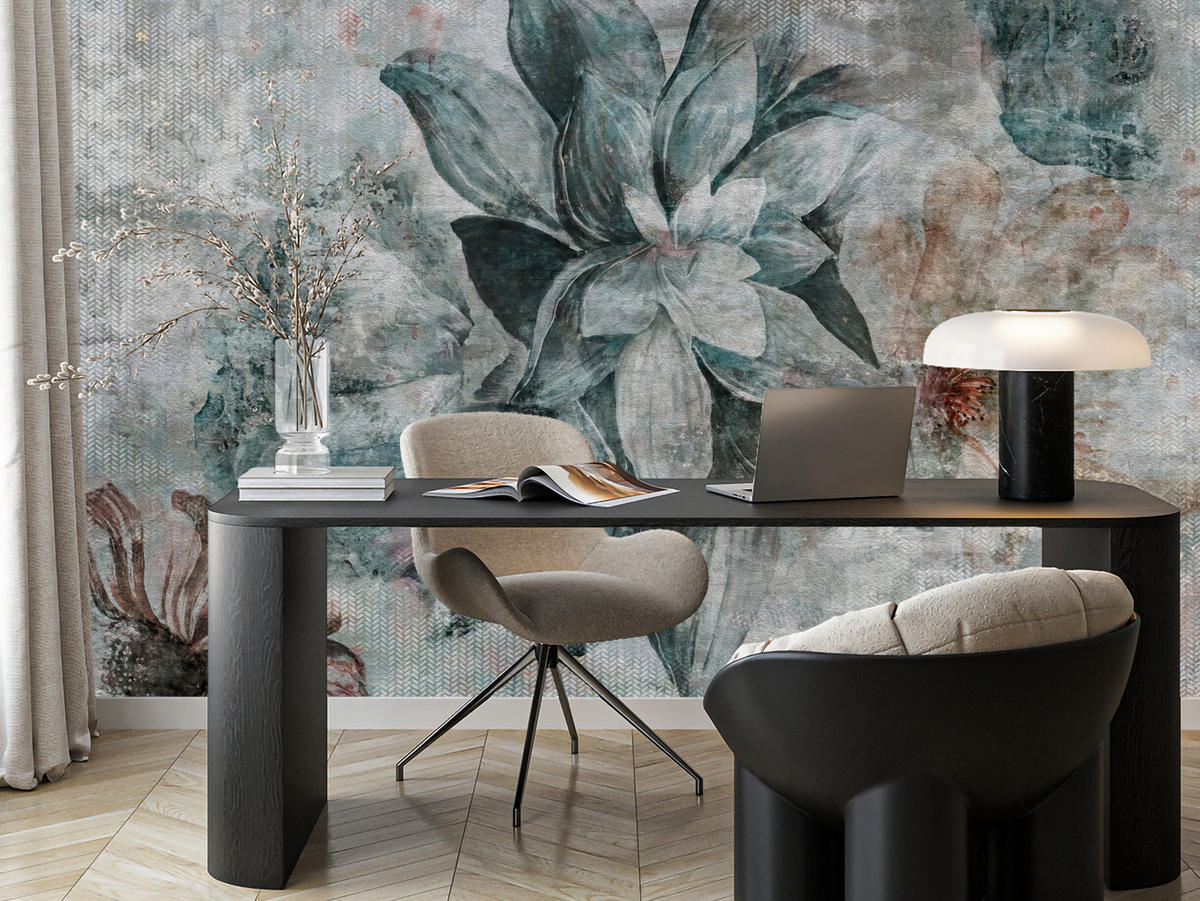 FOTOTAPETE für Schlafzimmer Aquarellblumen Beton Natur Pflanzen 200x140 - Grau, Papier (200/140cm) - Muralo