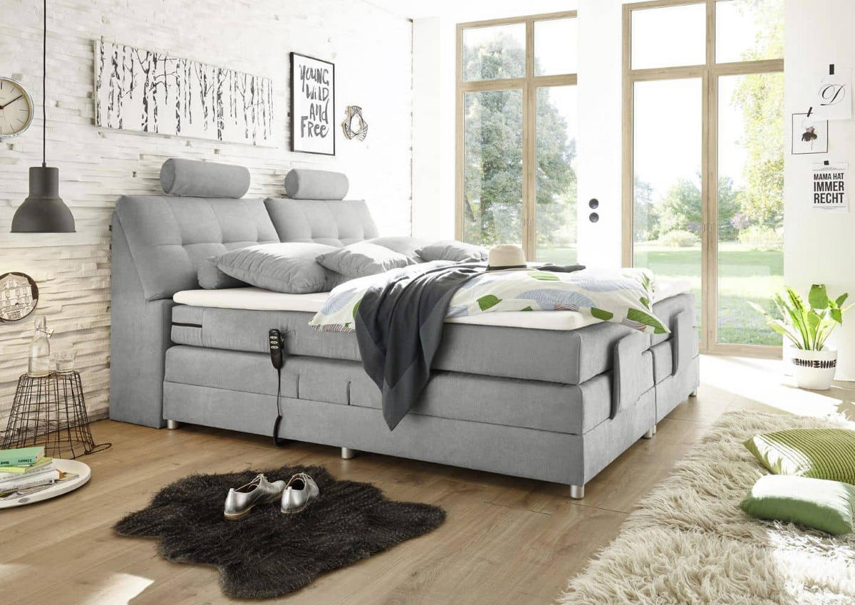 BOXSPRINGBETT inkl. Elektrofunktion, 7-Zonen-Tonnentaschen-Federkernmatratze und Komfort T25 Schaumtopper - Silberfarben/Hellgrau, Holz/Holzwerkstoff (180/200cm) - ed exciting design