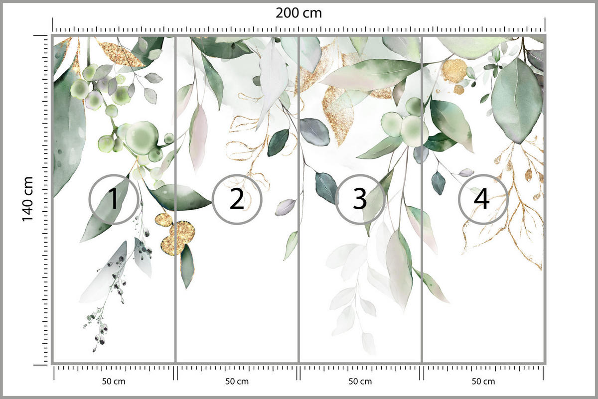 FOTOTAPETA Pre Spálňu Akvarel Listy Eukalyptus Biela 200 x 140 cm - žltá/biela, papier (200/140cm) - Muralo