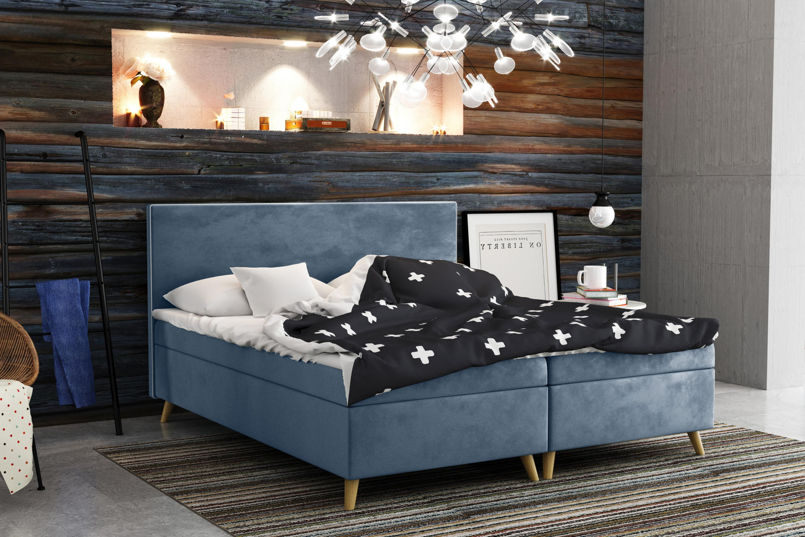 BOXBETT Mit Bettkasten Matratze + Topper BELLA Stoff Riviera Hellblau 140x200 cm H2-Pocket - Hellblau, Holz (140/200cm) - Kaiser Möbel