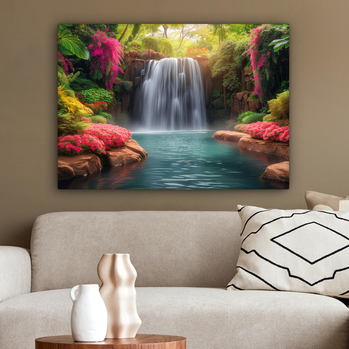 LEINWANDBILD Wasserfall - Natur - Pflanzen - Dschungel - Wasser Wandbilder 80x60 cm - Grün, Textil (80/60cm) - MuchoWow