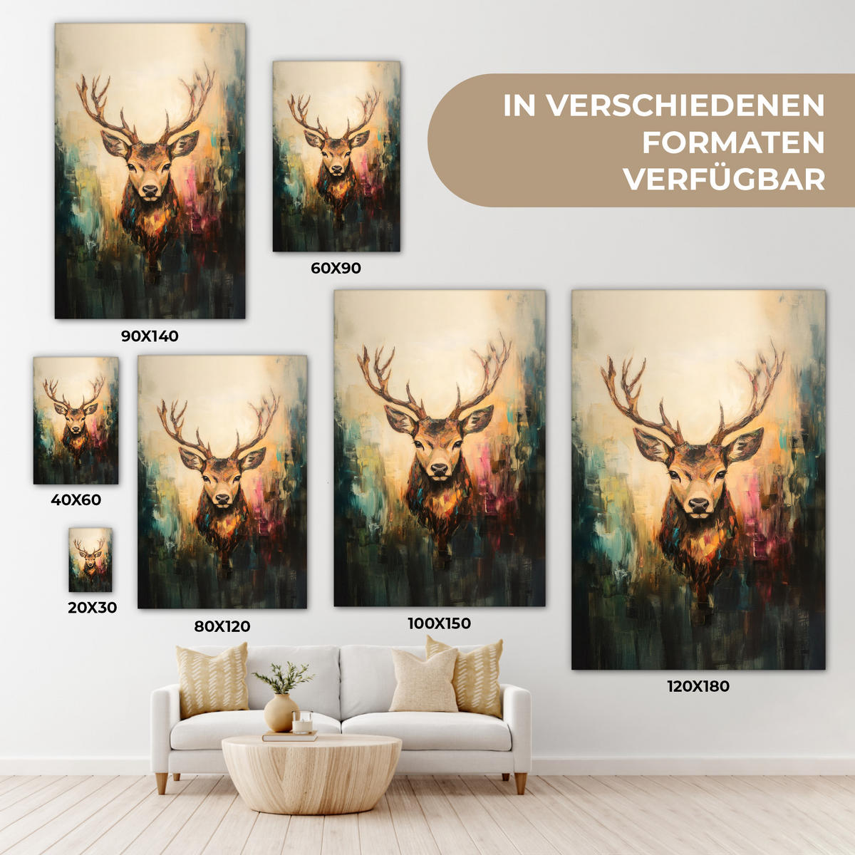 LEINWANDBILD Hirsch - Gemalt - Geweih - Braun 80x120 cm - Haselnussfarben, Textil (80/120cm) - MuchoWow