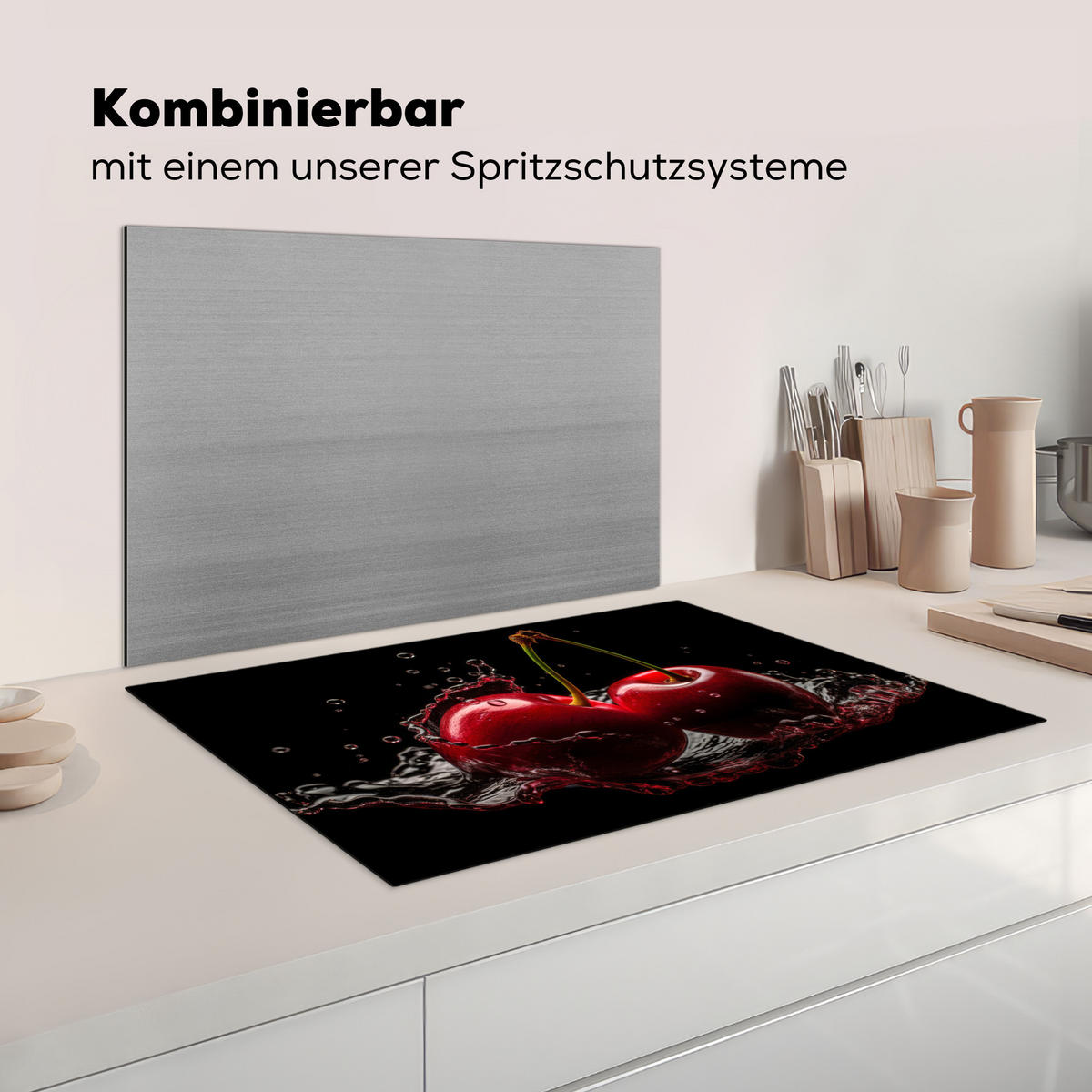 HERDABDECKPLATTE Kirsche - Rot - Frucht - Wasser - Schwarz Ceranfeldabdeckung 80x52 cm - Kirschrot, Kunststoff (80/52/0.2cm) - MuchoWow