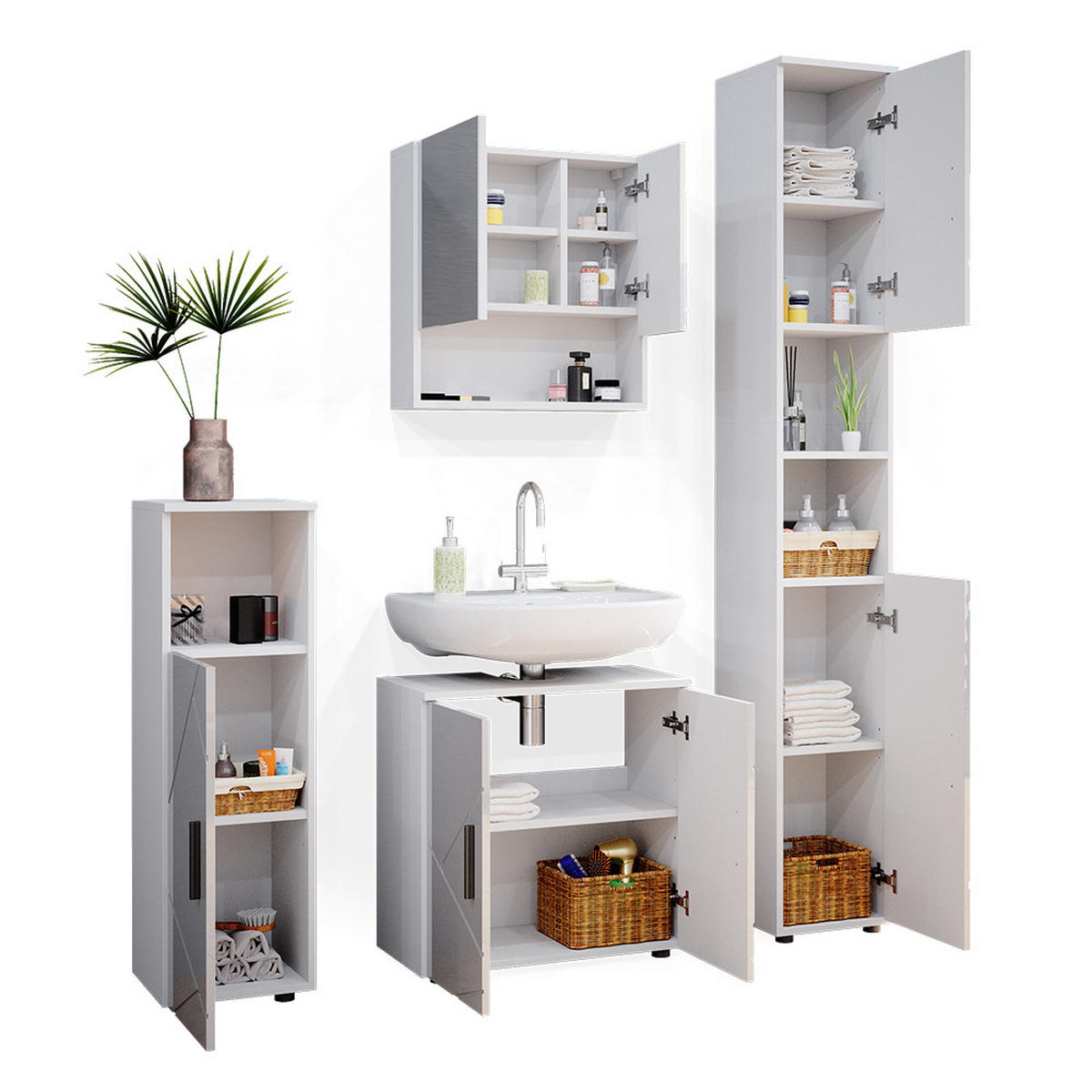 BADMÖBEL-SET Irma Weiß Hochglanz 4 Teile, mit Hochschrank - Weiß Hochglanz/Weiß, Holzwerkstoff (80/58.6/41cm) - Vicco