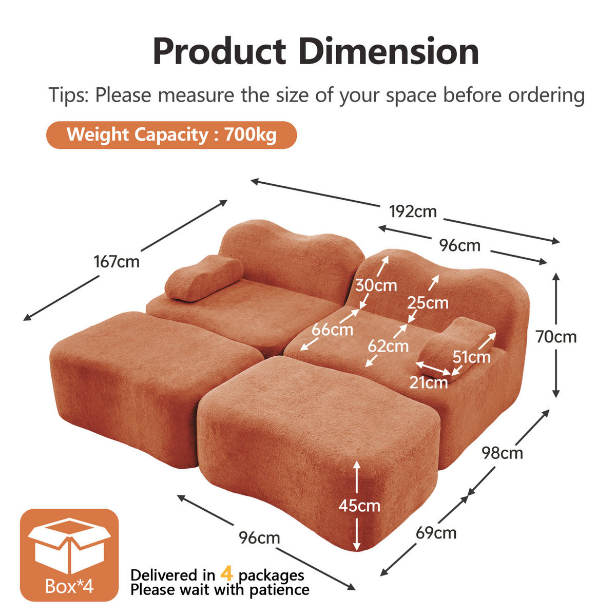 SOFA modular mit Hocker Samt Orange 2-teilig - Orange, Holzwerkstoff (167/70/192cm) - Meubliv