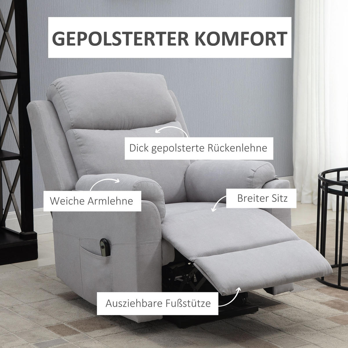 FERNSEHSESSEL mit Aufstehhilfe, Hellgrau - Hellgrau/Schwarz, Textil/Metall (89/102/83cm) - HOMCOM