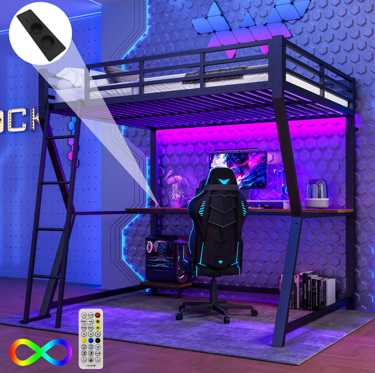 HOCHBETT 140/200 cm in Schwarz – mit Schreibtisch, Treppe und LED-Licht - Schwarz, Metall (140/200cm) - BEAOK