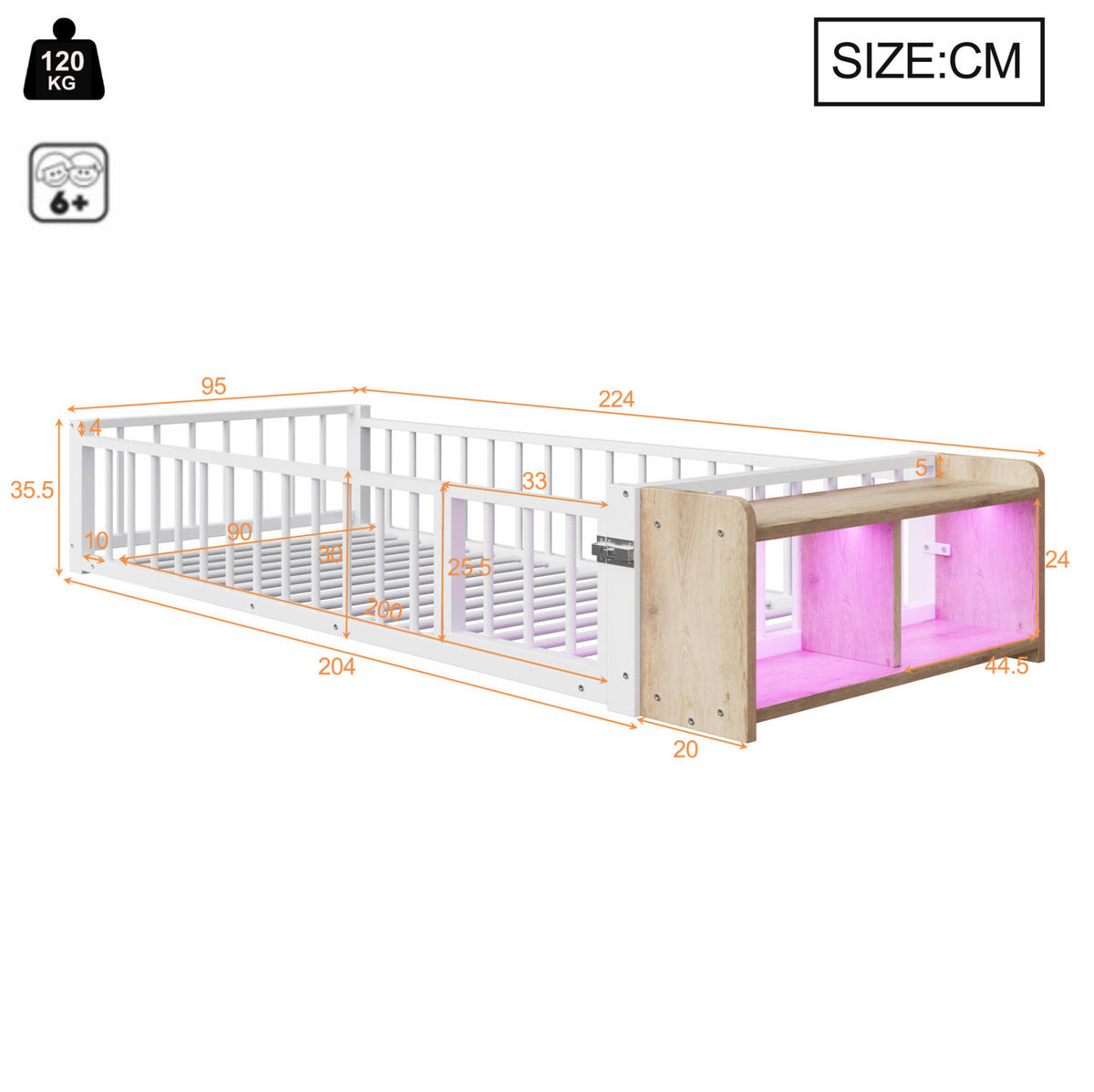 DETSKÁ posteľ 90/200 cm biela s ochranným zábradlím úložným priestorom a LED osvetlením z kovu a MDF - biela, kompozitné drevo (90/200cm) - OKWISH