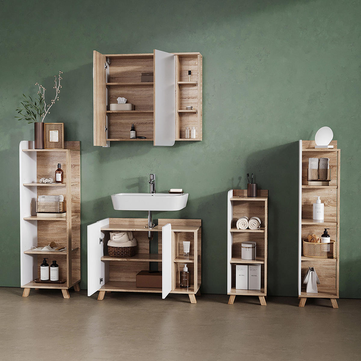 KOPALNIŠKA POLICA Marano, Sonoma/Bela, 30 x 128 cm s 4 predali - bela/hrast sonoma, leseni material (30/128/35cm) - Livinity®